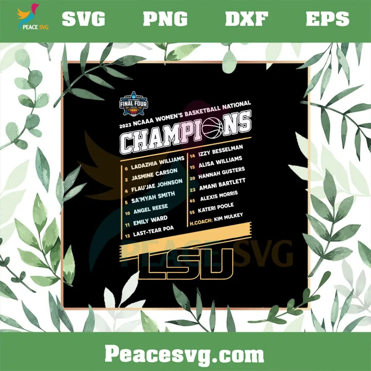 LSU Tigers 2023 NCAA Women’s Basketball National Champions Players List SVG Cutting Files