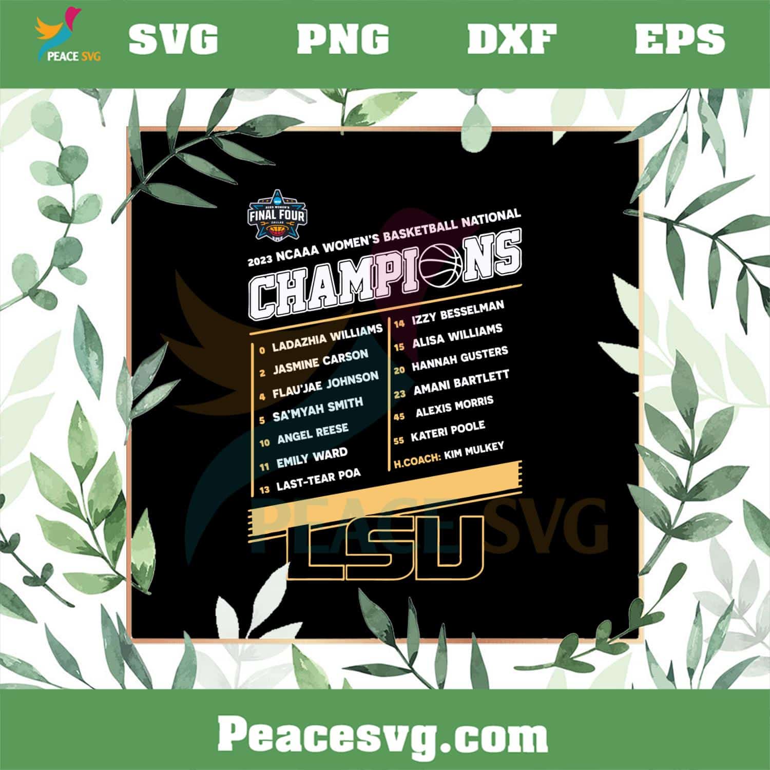 LSU Tigers 2023 NCAA Women’s Basketball National Champions Players List SVG Cutting Files