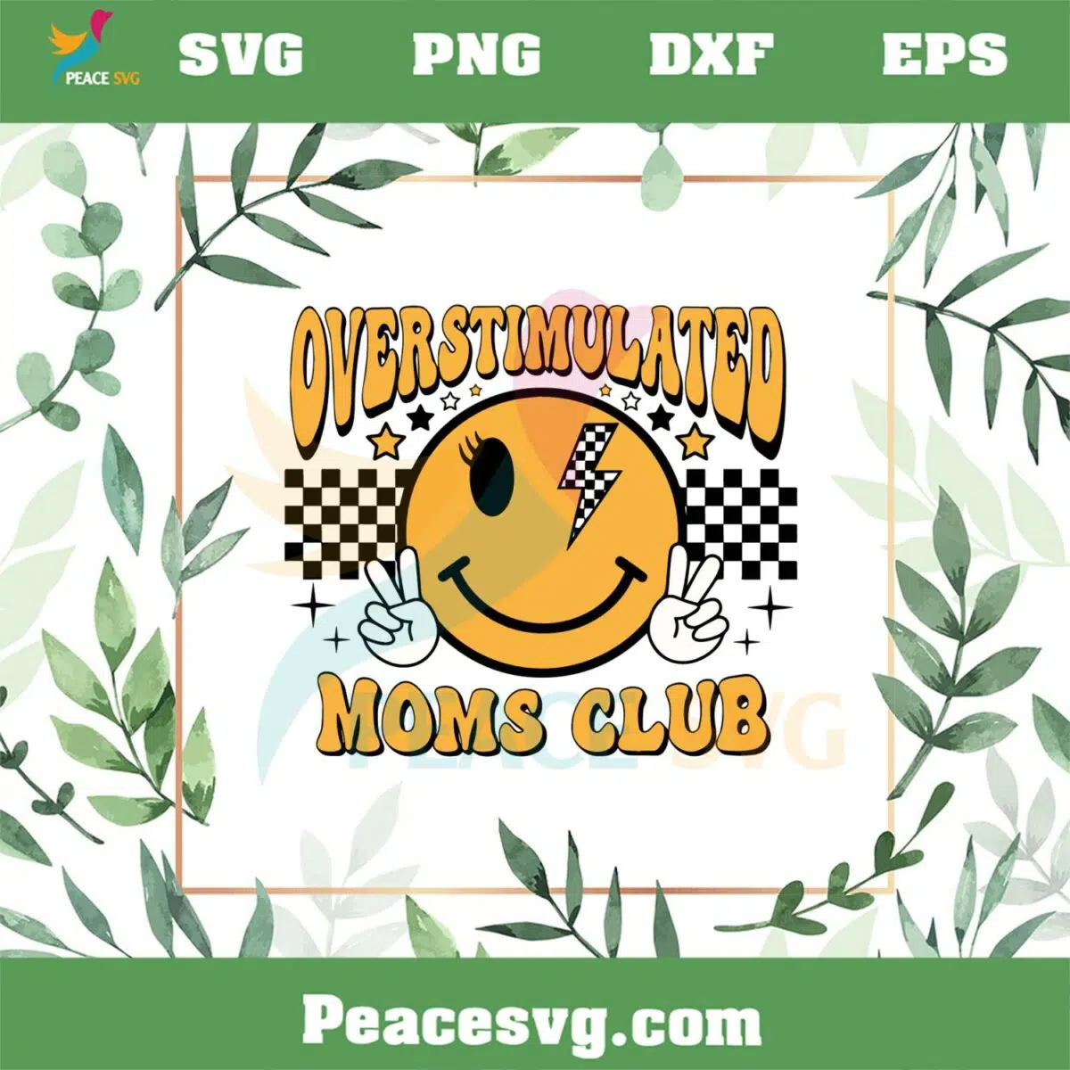 Overstimulated Moms Club Smiley Gold Checkered Bolt SVG Cutting Files