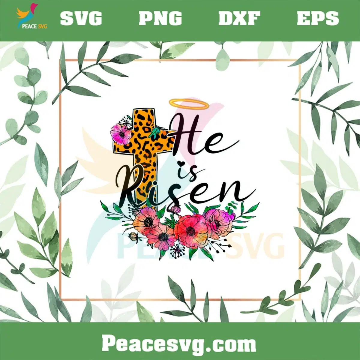 He Is Risen Flower Leopard Cross PNG Sublimation Designs