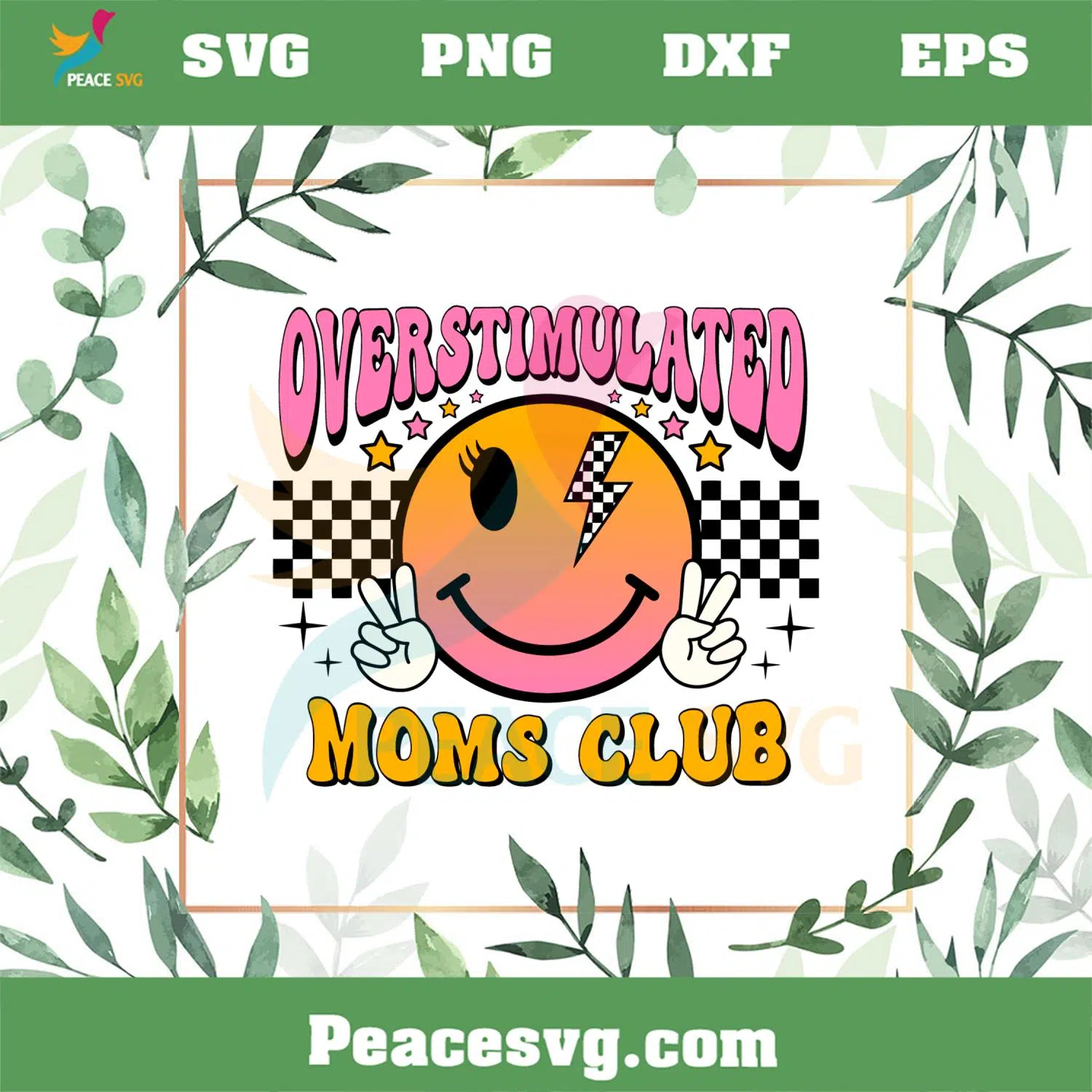 Overstimulated Mom Club Smiley Pink Checkered Bolt SVG Cutting Files