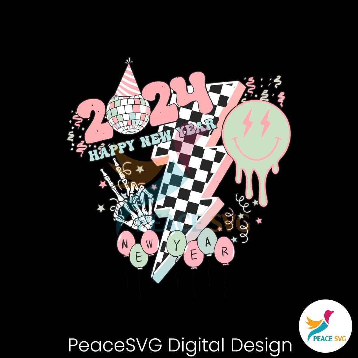 Retro Groovy 2024 Happy New Year Skeleton Hand SVG File » PeaceSVG