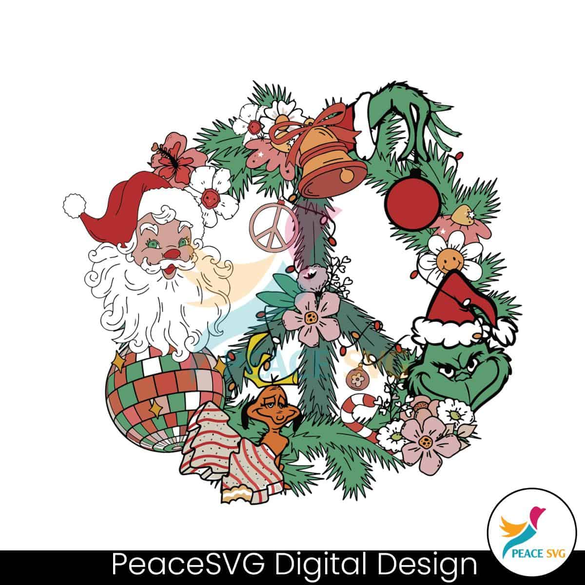 retro-christmas-wreath-santa-claus-and-grinch-svg-file