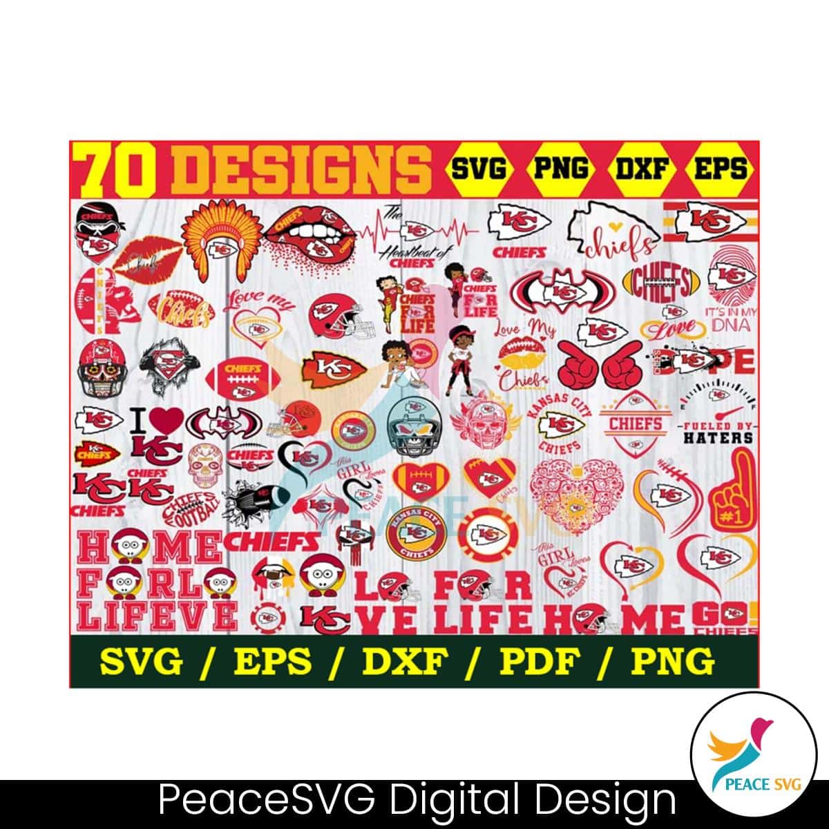 70 Designs Kansas City Chiefs Football SVG Bundle Digital Download