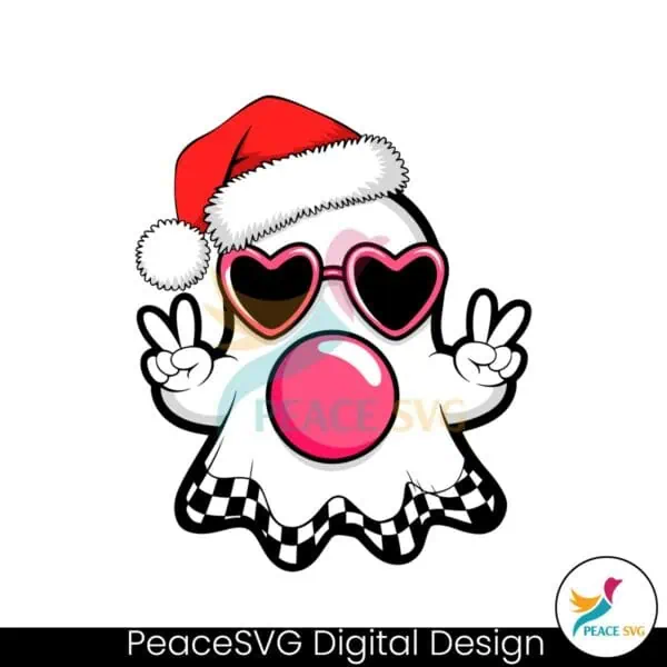 retro-cute-checkered-ghost-blowing-bubbles-christmas-santa-hat-svg