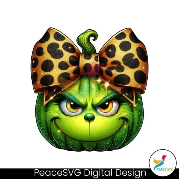 pumpkin-grinch-head-glitter-leopard-coquette-bow-png