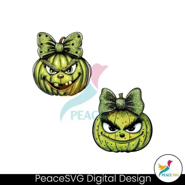 glitter-grinch-pumpkin-funny-christmas-green-coquette-bow-png