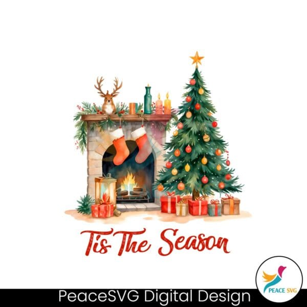 retro-tis-the-season-christmas-fireplace-with-tree-svg