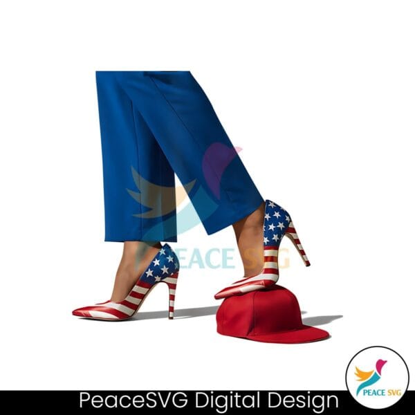 kamala-harris-with-america-flag-high-heels-stepping-on-red-hat-svg