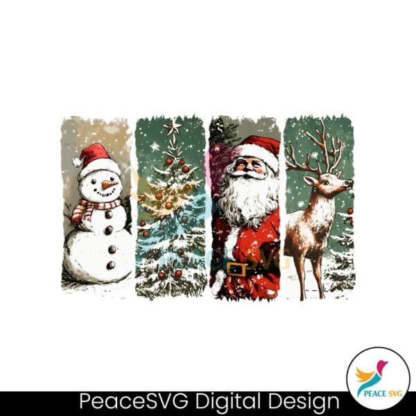 retro-vintage-snowman-christmas-tree-santa-claus-and-reindeer-png