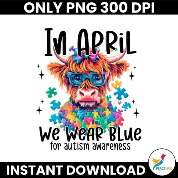 Colorful Autism Highland Cow Coquette Bow In April We Wear Blue PNG