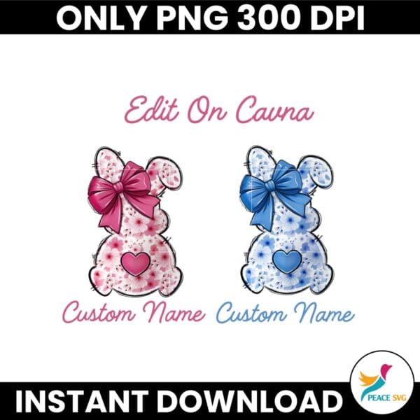 Custom Kids Name Bunny Easter Couple Floral PNG, Bunny Coquette Bow Png