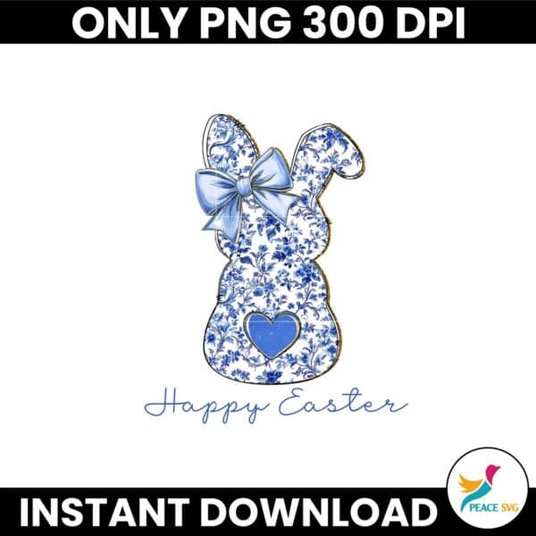 Happy Easter Blue Toile Floral Chinoiserie Bunny Png