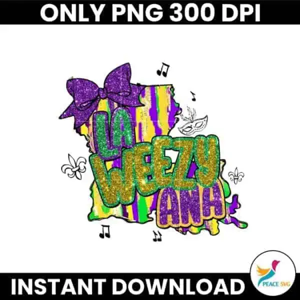 La Weezy Ana Mardi Gras Louisiana Map Glitter Bow Png