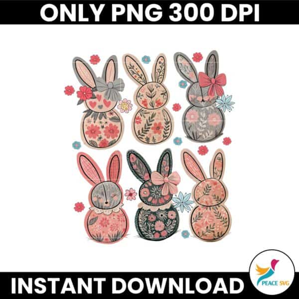 Retro Easter Bunny Floral Girly Coquette Bow Png