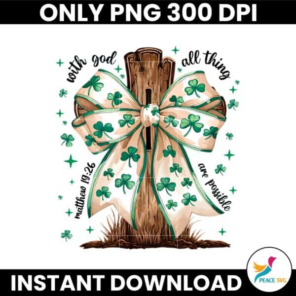 Saint Patricks Day God Shamrock Coquette Bow Cross PNG