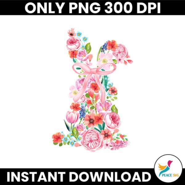 Watercolor Floral Easter Bunny Coquette Bow Png