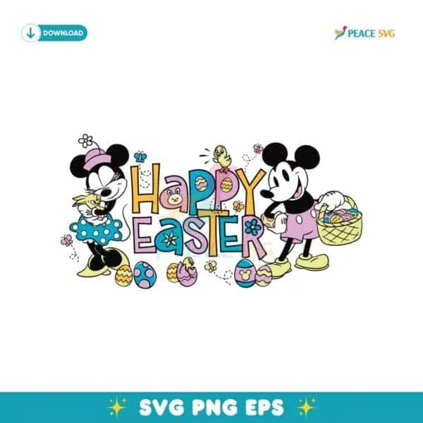 Colorful Happy Easter Mickey Mouse And Minnie Mouse SVG