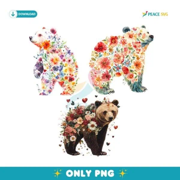Floral Bear Watercolor Style PNG