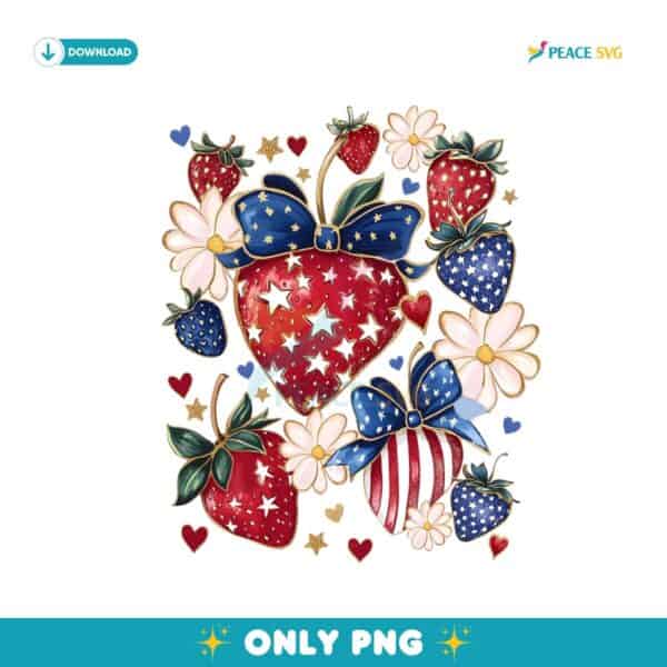 Boho 4th of July Preppy Strawberries Patriotic Bow Png