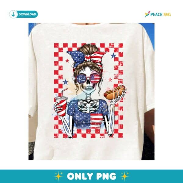 Fourth Of July Skeleton Girl Funny Merica Hotdog And Drink PNG