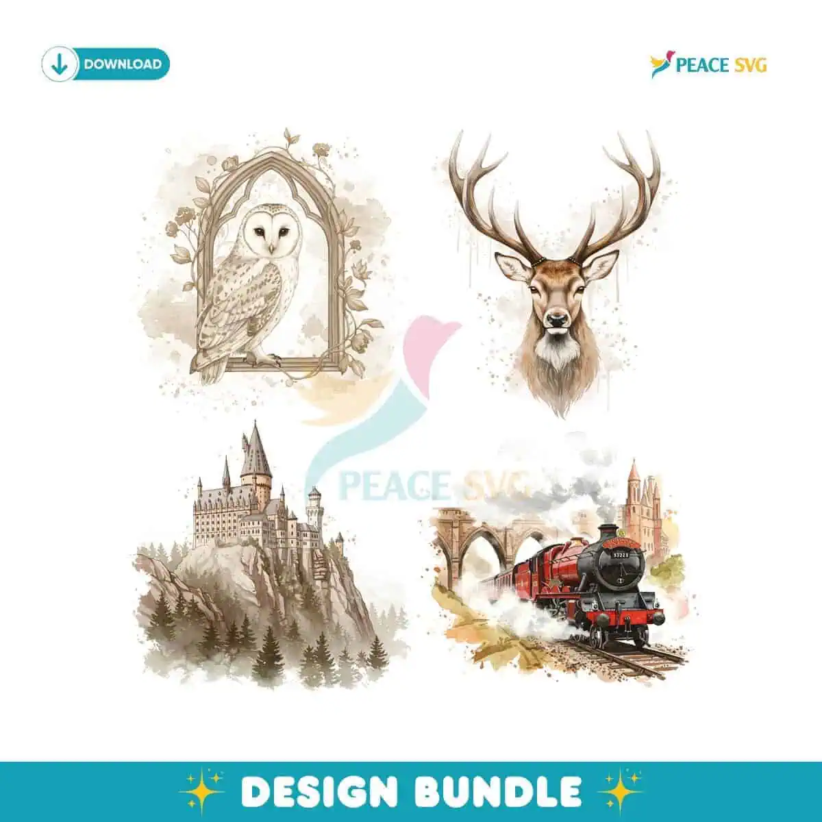 Magical School Watercolor Owl Castle Stag & Steam Train PNG Bundle