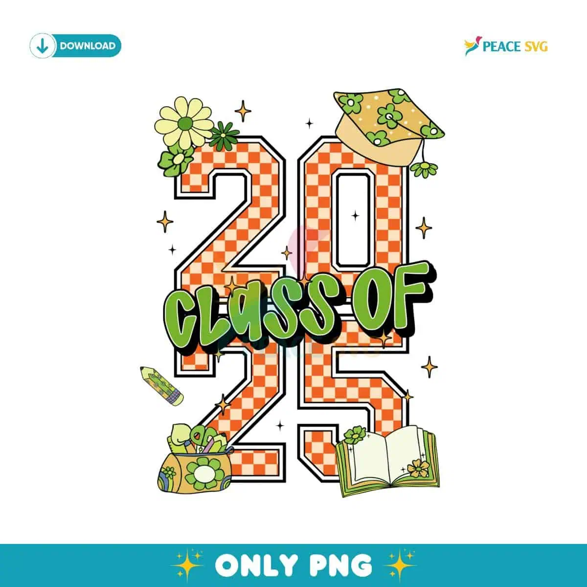 Retro Checkered Class Of 2025 Graduation School Supplies PNG
