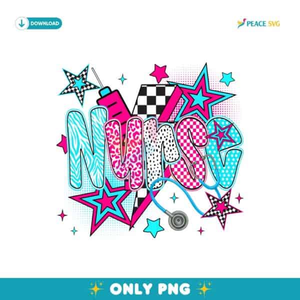 Retro Neon Nurse Life Checkered Stars PNG