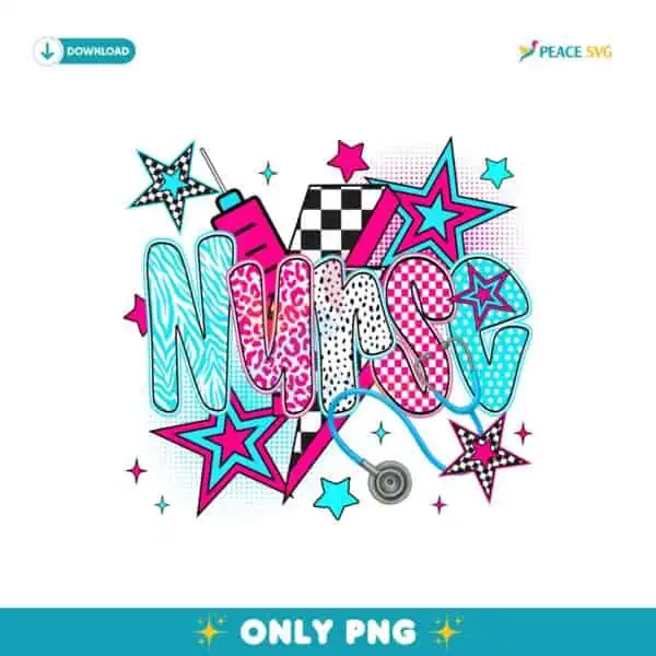 Retro Neon Nurse Life Checkered Stars PNG