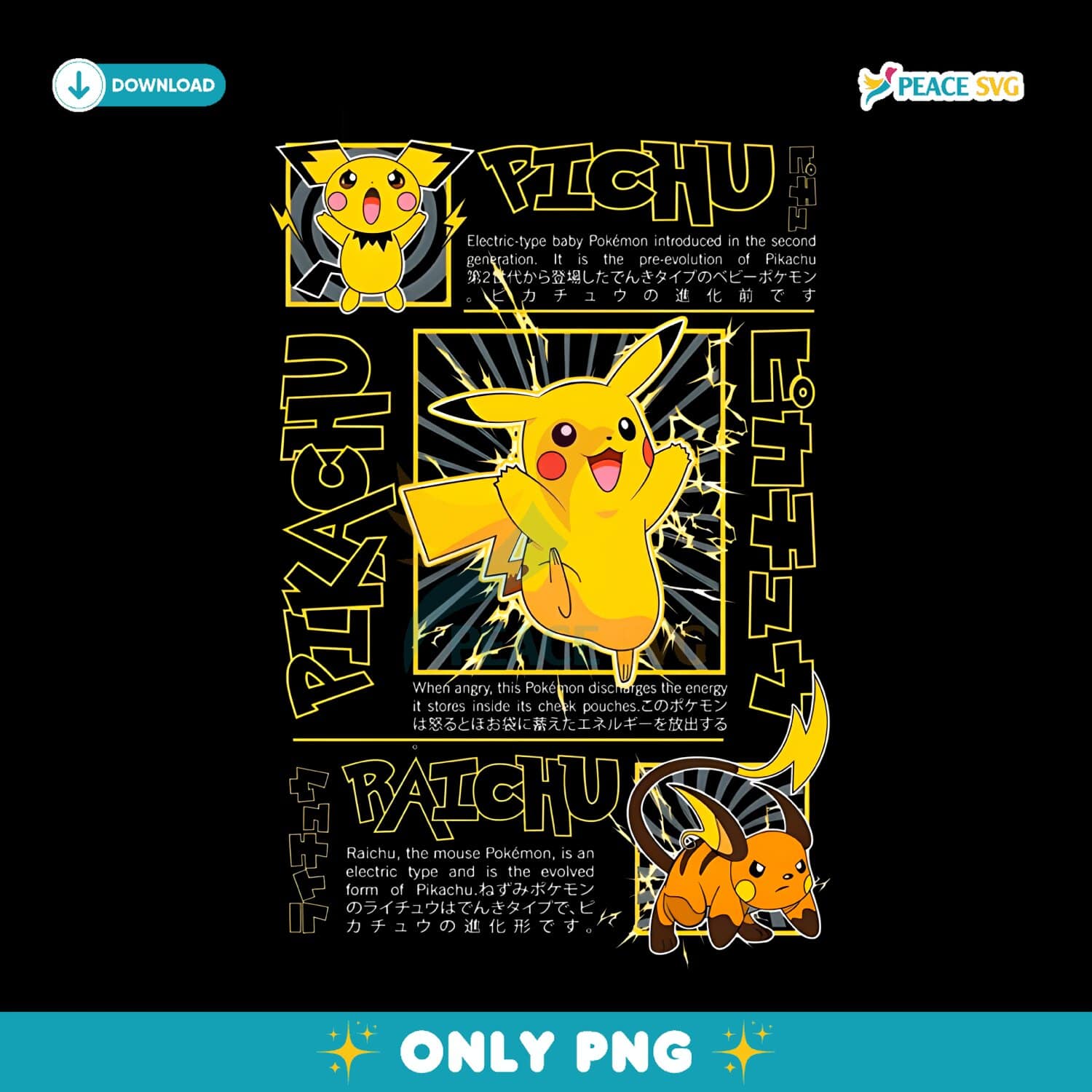 Pokemon Pichu Pikachu Raichu Vintage Japanese Anime Inspired Electric Trio PNG