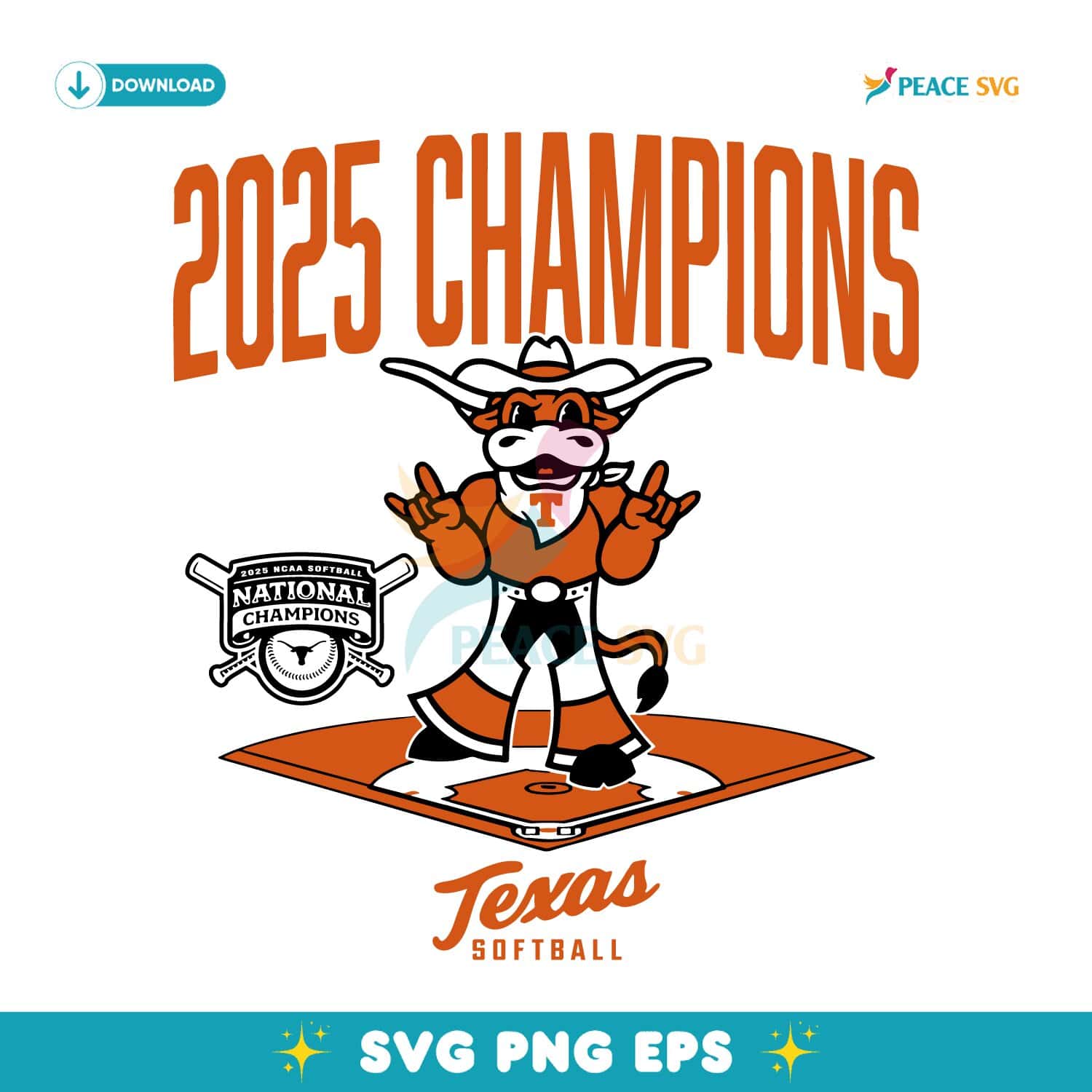 Texas Longhorns Softball 2025 National Champions Diamond Mascot SVG