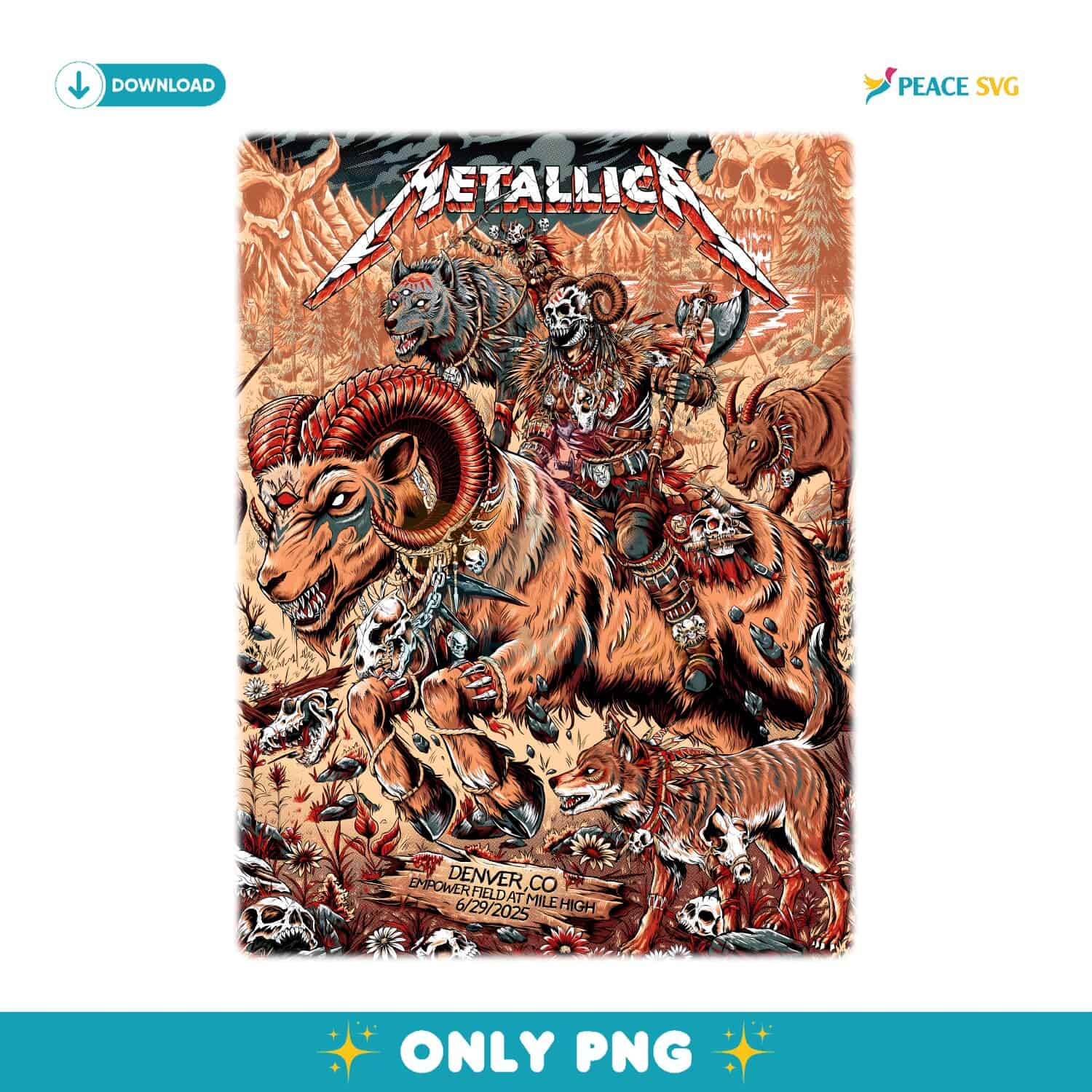 Metallica Denver Empowerfield Mile High Ram Skull Warrior Poster June 2025 PNG