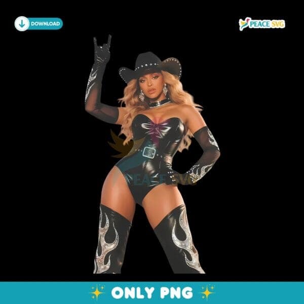 Beyonce Black Leather Cowboy Outfit Vintage PNG