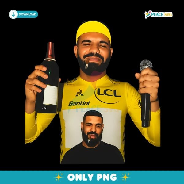Drake Yellow Jersey Meme Portrait With Wine And Mic PNG