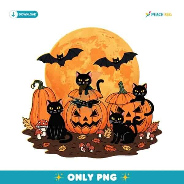 Retro Black Cat Pumpkin Full Moon Halloween Autumn Scene PNG