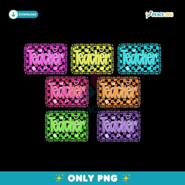 Retro Colorful Checkered Neon Teacher Groovy PNG