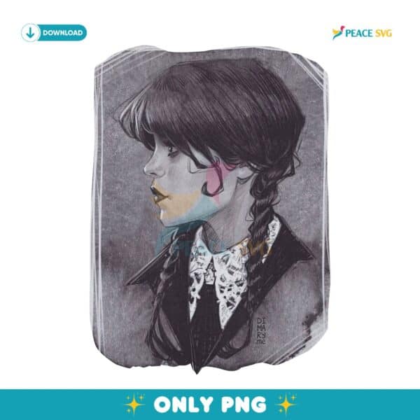 Wednesday Addams Gothic Portrait Sketch Dark Academia Halloween PNG