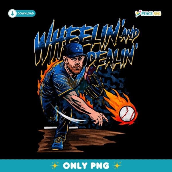 Wheelin And Dealin Cartoon Pitcher Throwing Flaming Baseball Graphic PNG