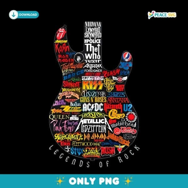 Legends Of Rock Guitar Shape Iconic Bands Logo Collage PNG