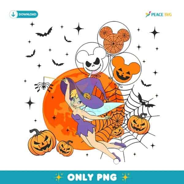 Tinkerbell Halloween Pumpkin Balloons Spiderweb Moon Disney PNG
