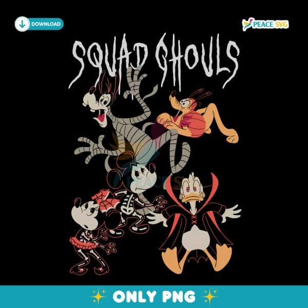 Vintage Mickey Mouse And Friends Squad Ghouls Halloween PNG