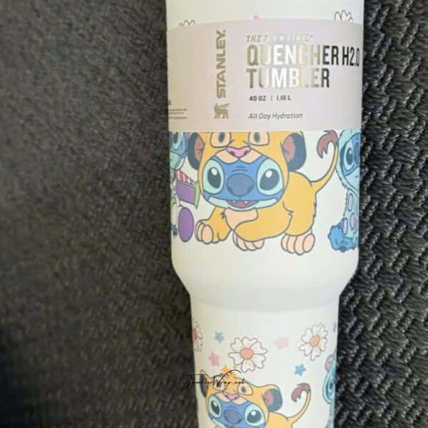 Colorful Stitch-themed foam tumbler with cartoon characters.