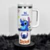 Vibrant Stitch and friends design on stainless steel insulated water bottle.