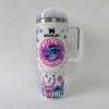 Bright Stitch design on travel coffee mug, perfect for Disney fans.