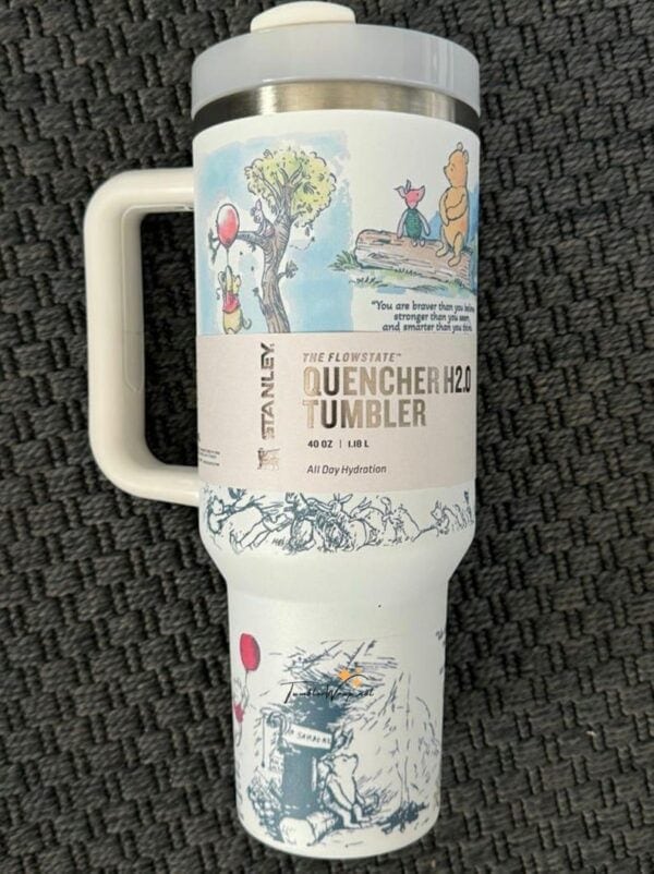 Colorful peace-themed tumbler with cartoon characters and inspirational quote.