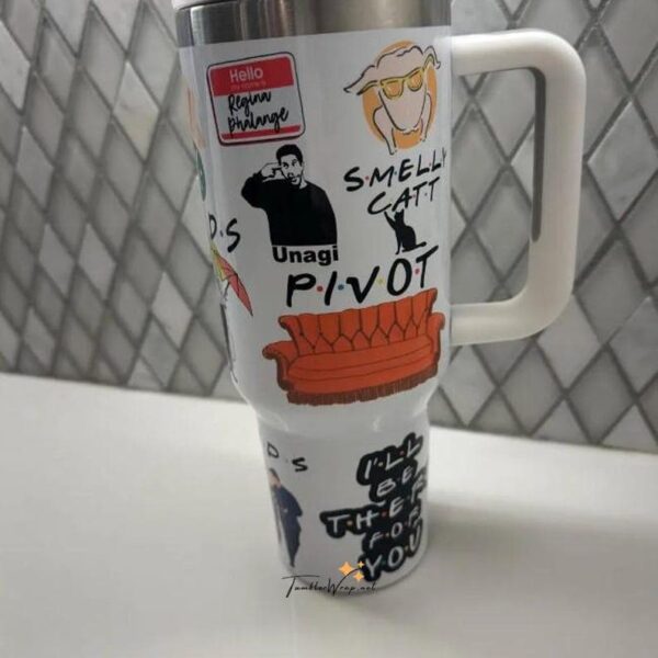 Colorful travel-themed coffee tumbler with funny quotes and quirky illustrations.