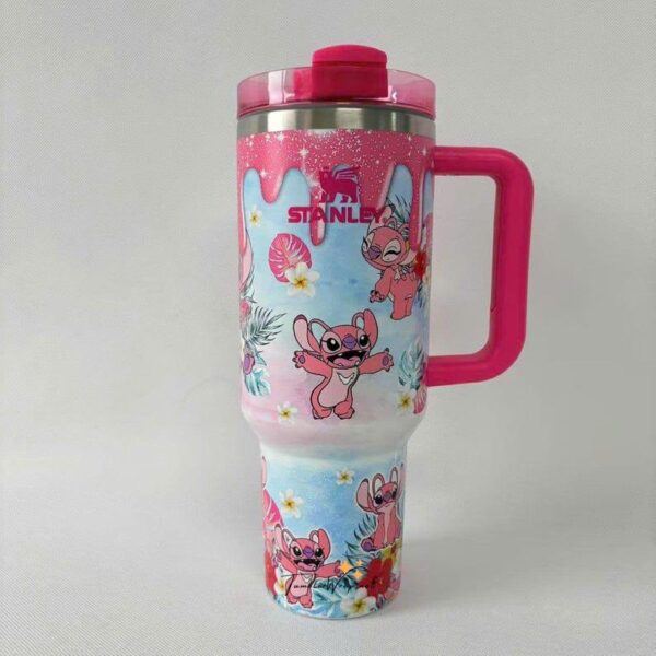 Pink cute bunny travel mug with floral design and cartoon characters.