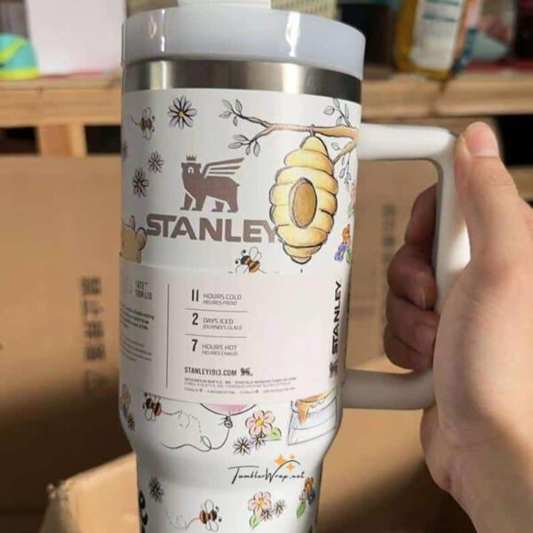 Bee and honey bee illustration on stainless steel mug for peace and nature love.