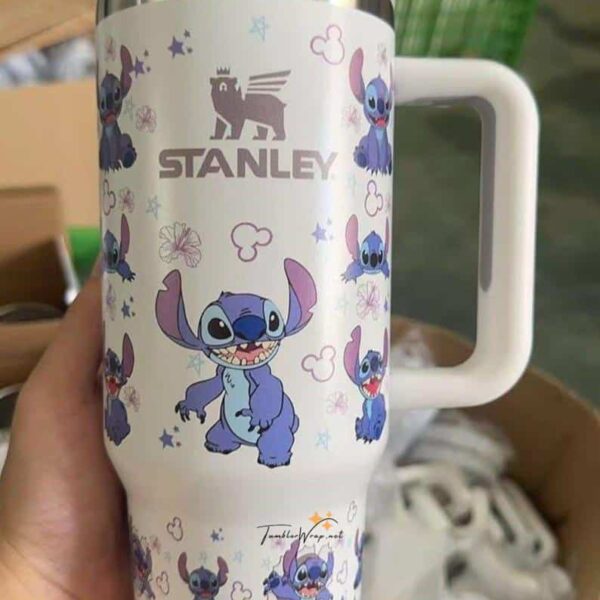 Personalized Stitch fan mug with Stitch and "Stanley" logo.