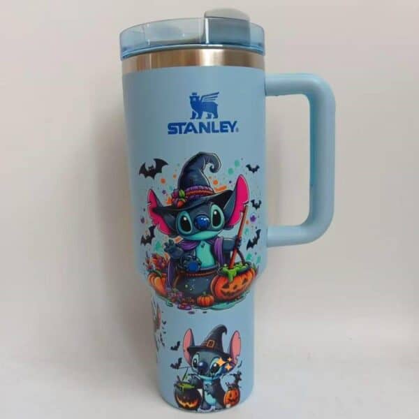 Cute Halloween Stitch tumbler with Halloween characters, pumpkins, and bats.